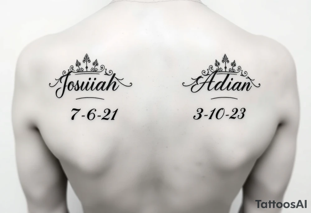 Mother with two sons 1 and half years apart ideas for a women In cursive writing in side crowns the names Josiah   the othe Adian  and thier days numbers in roman numerals josiahs bday is 7-6-21 & Adian is 3-10-23 in roman numerals tattoo idea