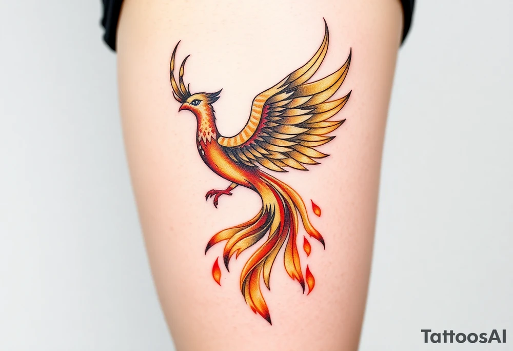magnificent phoenix rising from golden flames with trailing embers tattoo idea