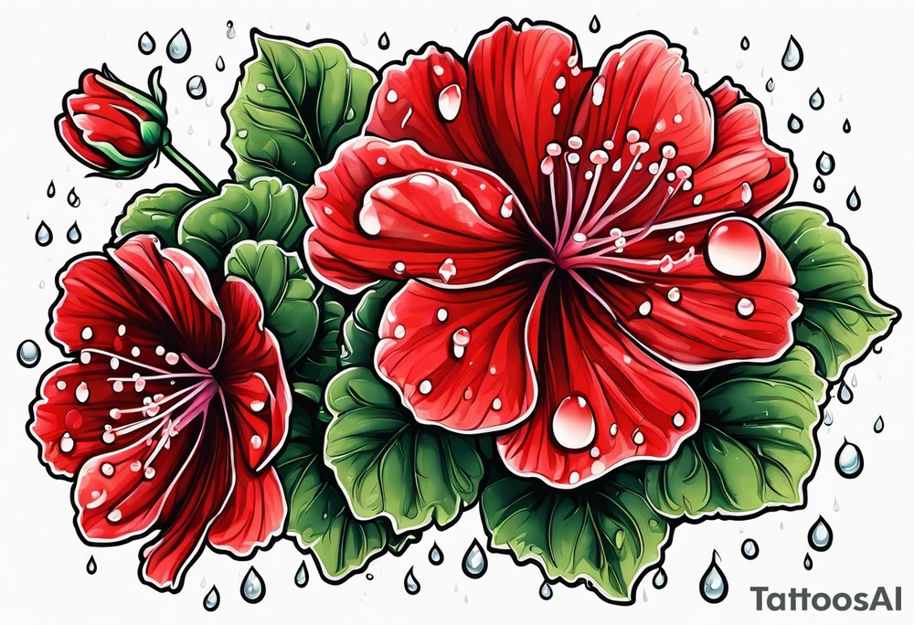 red geraniums with rain drops tattoo idea