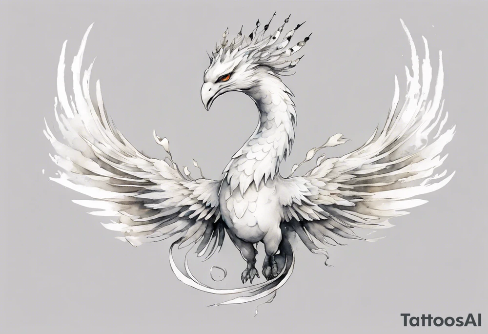 a white phoenix-serpent hybrid wearing a small crown, flying in the air tattoo idea