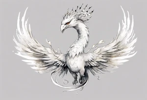 a white phoenix-serpent hybrid wearing a small crown, flying in the air tattoo idea