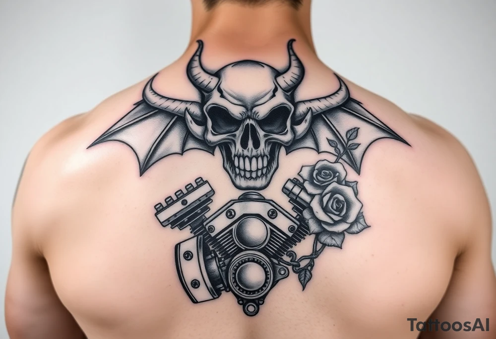 full back with demon Skull and motorcycle engine with
 roses tattoo idea