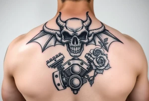 full back with demon Skull and motorcycle engine with
 roses tattoo idea