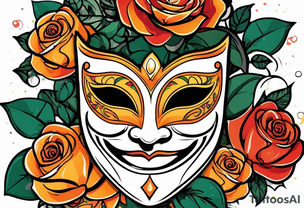 Laughing Male masquerade mask with orange and red roses tattoo idea