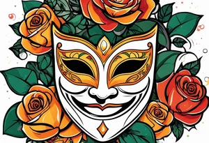 Laughing Male masquerade mask with orange and red roses tattoo idea