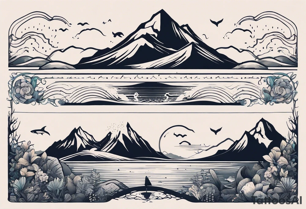This is a minimalistic tattoo that is split into 2 sections; a top half and a bottom half. The top half is a mountain in Norway with a mountain bike trail winding down the mountain. The bottom half of the tattoo depicts an underwater scene featuring water, and sea life. tattoo idea