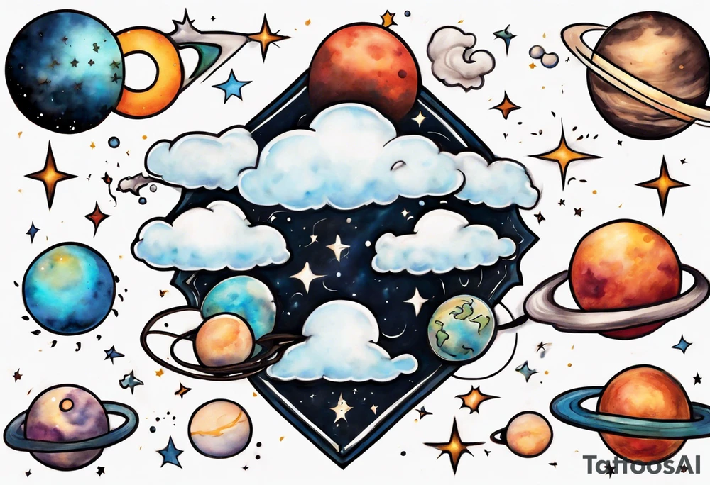 a cloud with planets and the date 12.08.05 tattoo idea