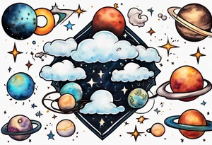 a cloud with planets and the date 12.08.05 tattoo idea