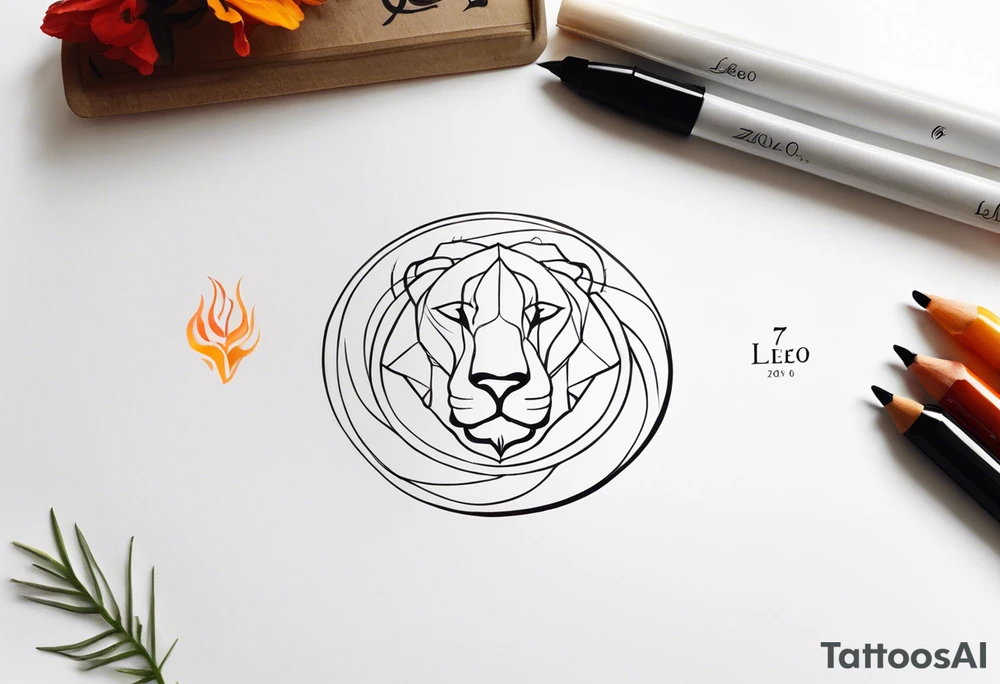 A tattoo in delicate style, so gentle. The symbol zodiac sign, Leo. The sketch should include fire, something delicate like that, and the numbers 7 and 8. tattoo idea