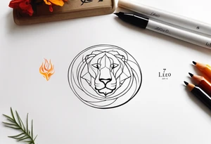 A tattoo in delicate style, so gentle. The symbol zodiac sign, Leo. The sketch should include fire, something delicate like that, and the numbers 7 and 8. tattoo idea