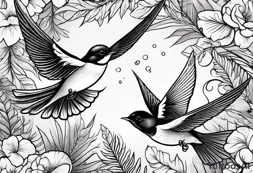 Swallow birds and floral background with ferns tattoo idea