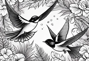 Swallow birds and floral background with ferns tattoo idea