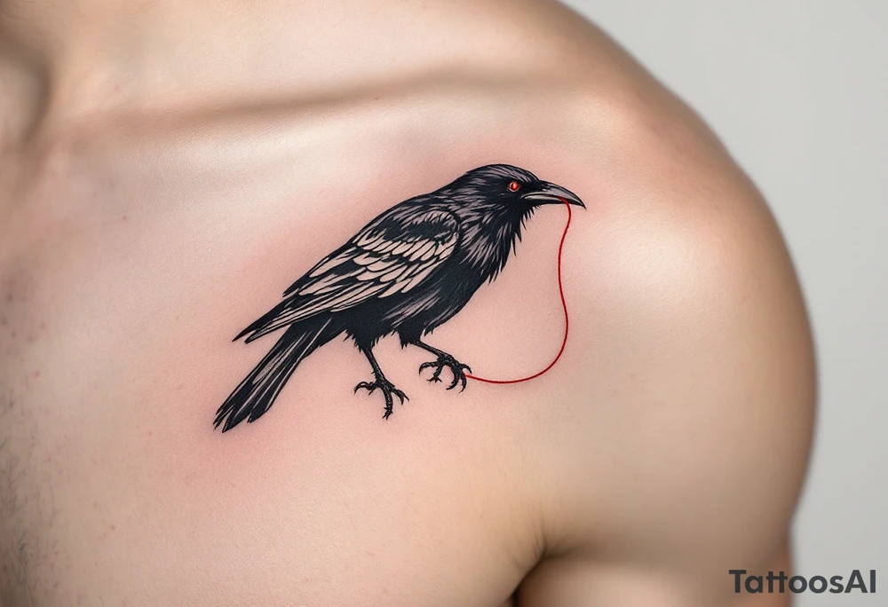 Crow with Red Thread – A black crow clutching a thin red thread in its beak, symbolizing fate or connection. Minimalistic style with just a pop of crimson. tattoo idea