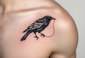 Crow with Red Thread – A black crow clutching a thin red thread in its beak, symbolizing fate or connection. Minimalistic style with just a pop of crimson. tattoo idea
