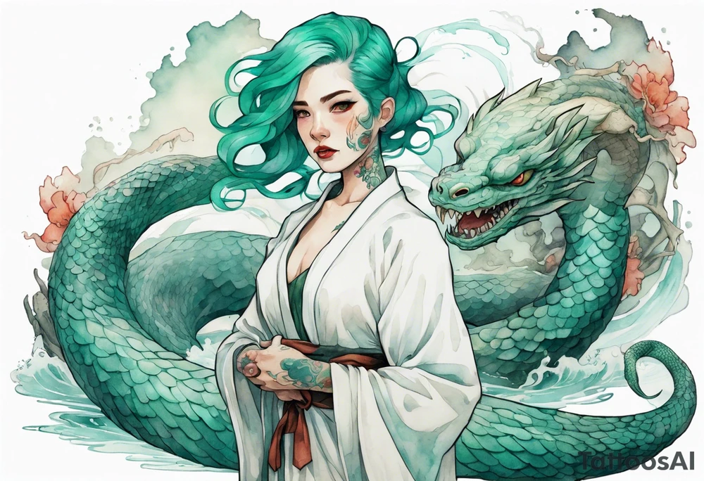 an Irish woman with teal hair wearing a white robe standing next to a sea-serpent tattoo idea