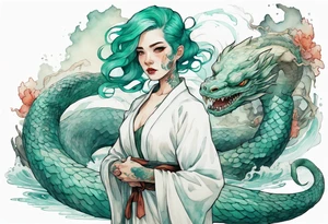 an Irish woman with teal hair wearing a white robe standing next to a sea-serpent tattoo idea