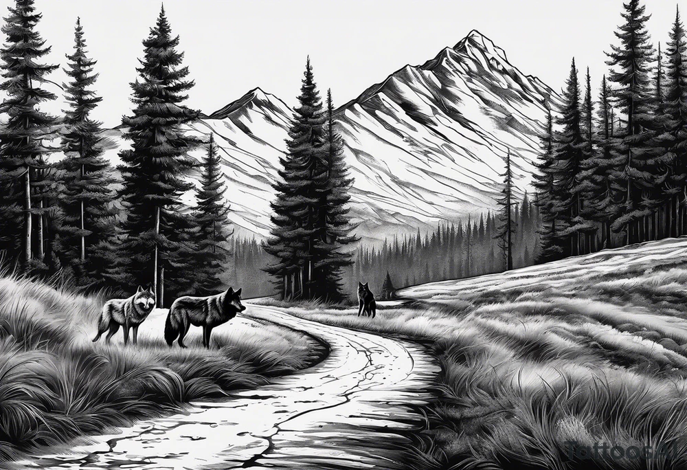 Lone wolf on a path or road. A pack of wolfs on the opposite end of road. tattoo idea