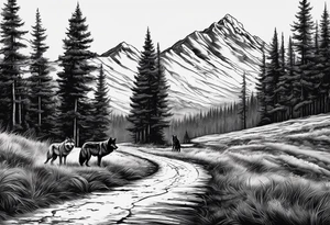 Lone wolf on a path or road. A pack of wolfs on the opposite end of road. tattoo idea