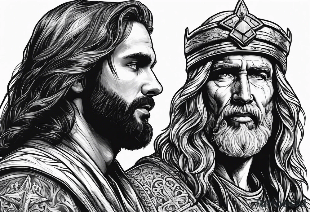 A solider face to face with death with Jesus over his shoulder tattoo idea