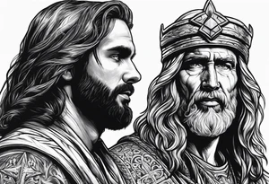 A solider face to face with death with Jesus over his shoulder tattoo idea