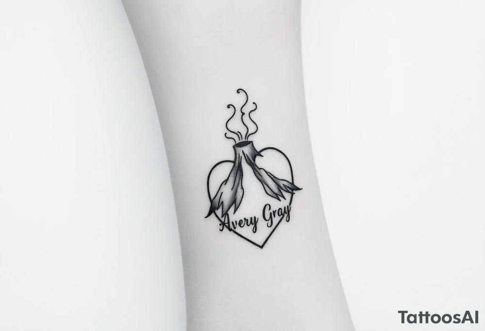 Female Geometric Volcano tattoo erupting in a heart with text Avery Gray on wrist tattoo idea