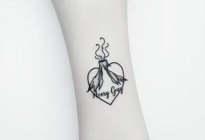Female Geometric Volcano tattoo erupting in a heart with text Avery Gray on wrist tattoo idea
