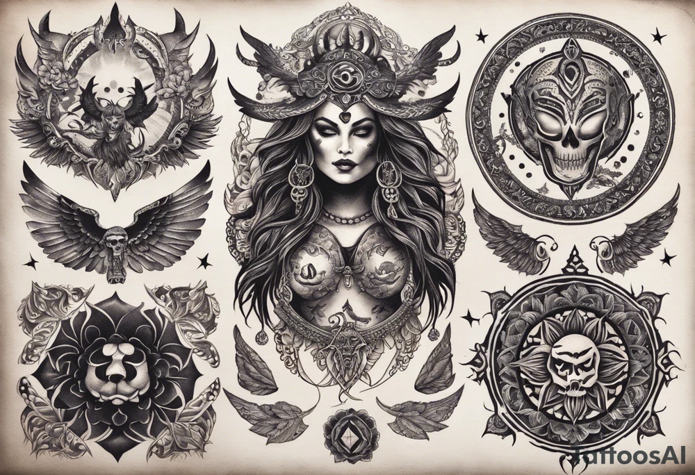 black kali, goddess pirate, alien, angel, pachamama, valkrye, warrior, flying, skull, lotus azul, wing, eagle, zenza resonance, stars, 5D, anahata chakra, death, durga, riding on a tiger, flying lady, kundalini, chest tatoo tattoo idea