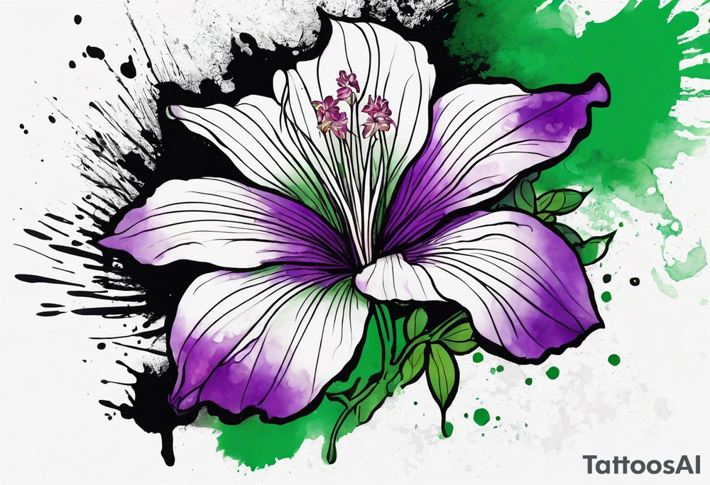 A mystical outline of a rio dipladenia flower and a green and purple watercolor splash in the background tattoo idea