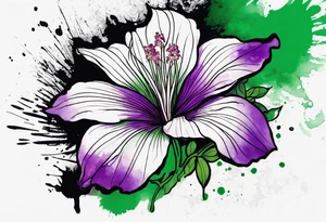 A mystical outline of a rio dipladenia flower and a green and purple watercolor splash in the background tattoo idea