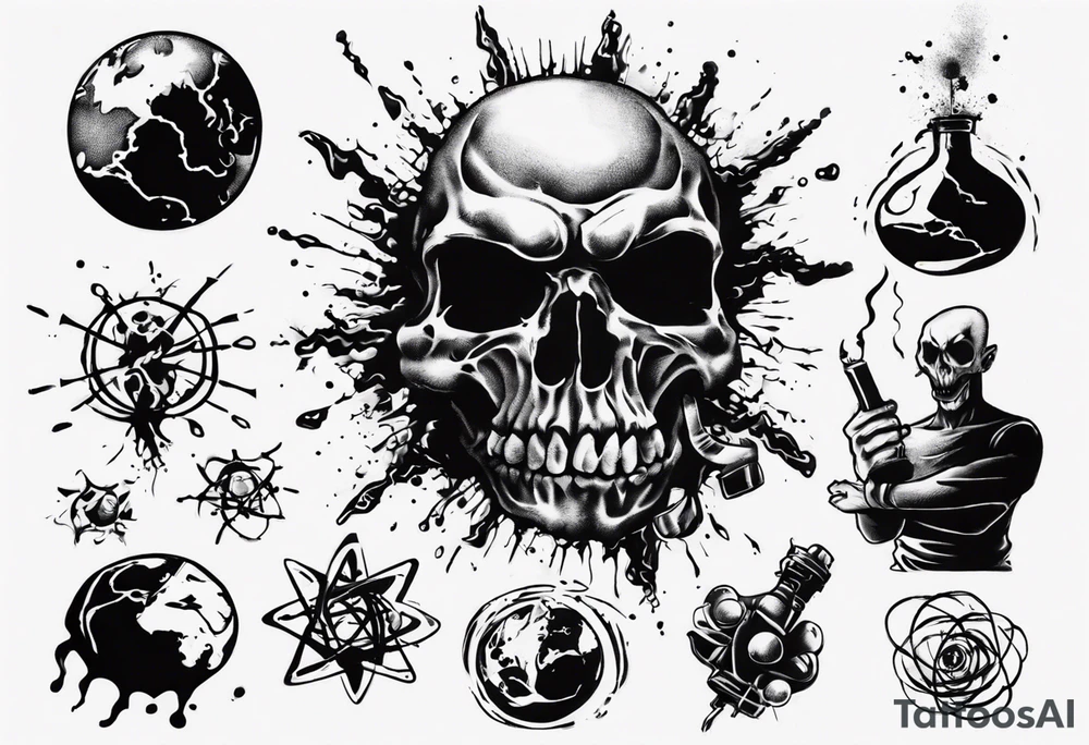 - blot 
- bomb
- atoms splitting
- beauty
- life at a small scale
- man against the world
- doom
- banksy tattoo idea
