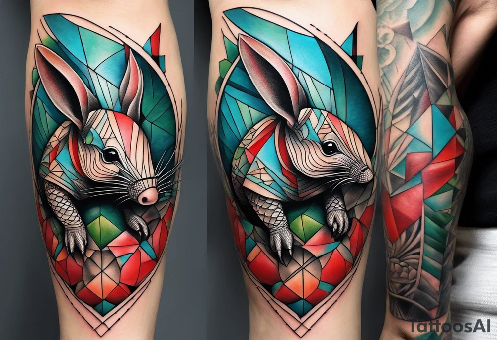 geometric style tattoo on knee with baby blue, red, and green accents. armadillo tattoo idea