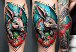 geometric style tattoo on knee with baby blue, red, and green accents. armadillo tattoo idea