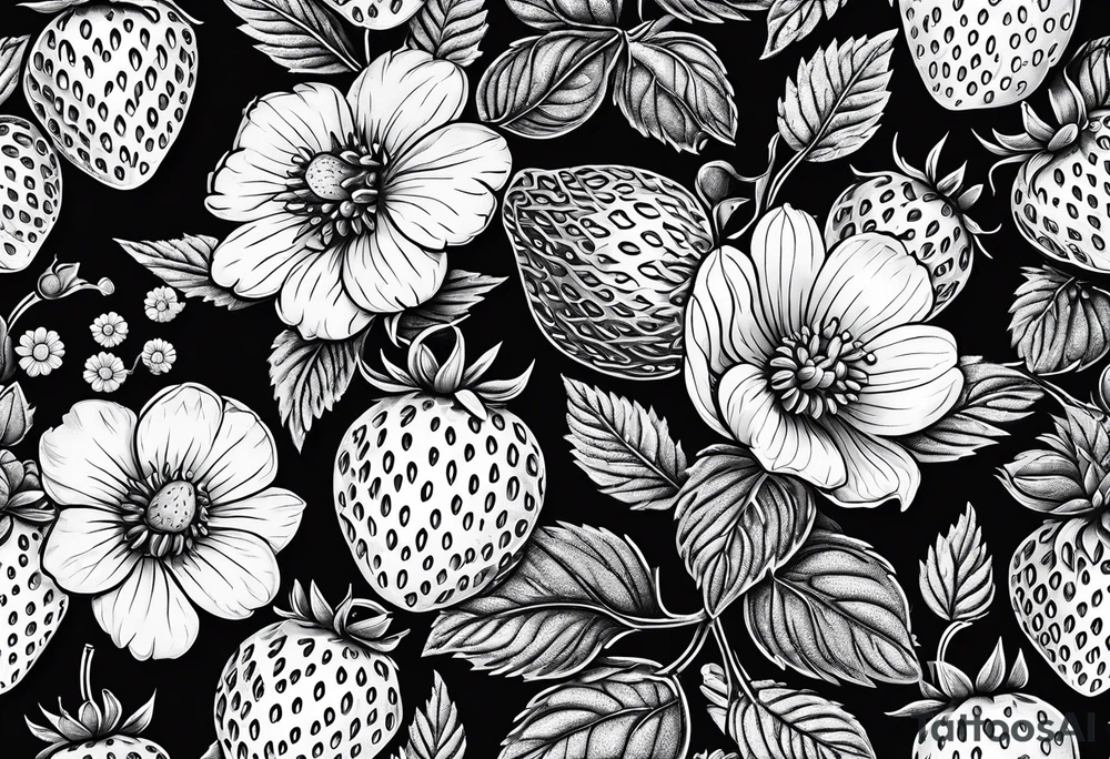 Strawberry, raspberries,  mixed with flowers, 3d tattoo, long leg piece, high detail tattoo idea