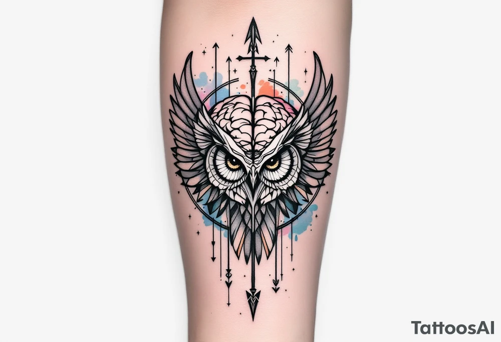 Tattoo inspired in the gifted brain in geometric and straight lines, with few watercolor details but mostly black, symbols representing intelligence, creativity and dreaming flying arround, the phrase "It begins with a dream", owl wings behind and delicate and discrete owl eyes looking forwar, and an arrow crossing from above with watercolors leaking from it tattoo idea