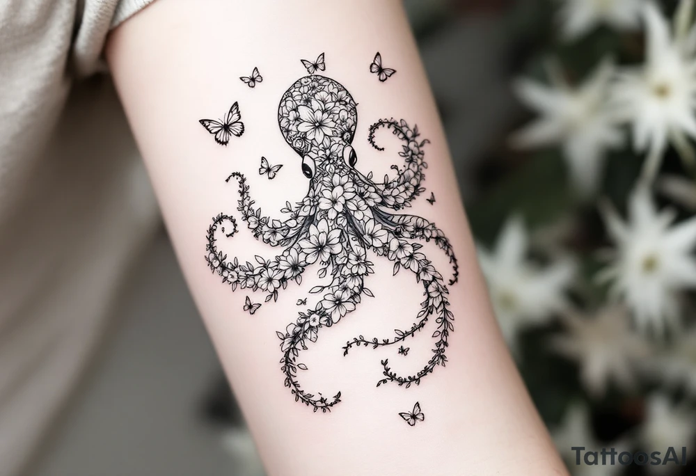 A simple fine-line tattoo design of a single octopus made entirely of flowers and butterflies. The octopus’s tentacles are shaped like flowing floral vines with leaves and petals, and its body is composed of overlapping blossoms and butterfly wings. Incorporate sacred geometry. The style is minimalist, elegant, and nature-inspired, with delicate black and grey lines, soft shading, and no outlines. No aquatic or marine elements besides the floral octopus. Simple. The design flows organically down the upper arm or shoulder, with a light, airy feel, minimalist tattoo idea