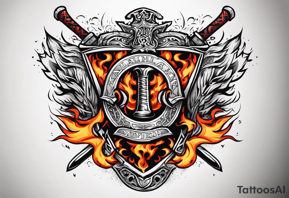 valhalla on fire sword shield axe tattoo idea