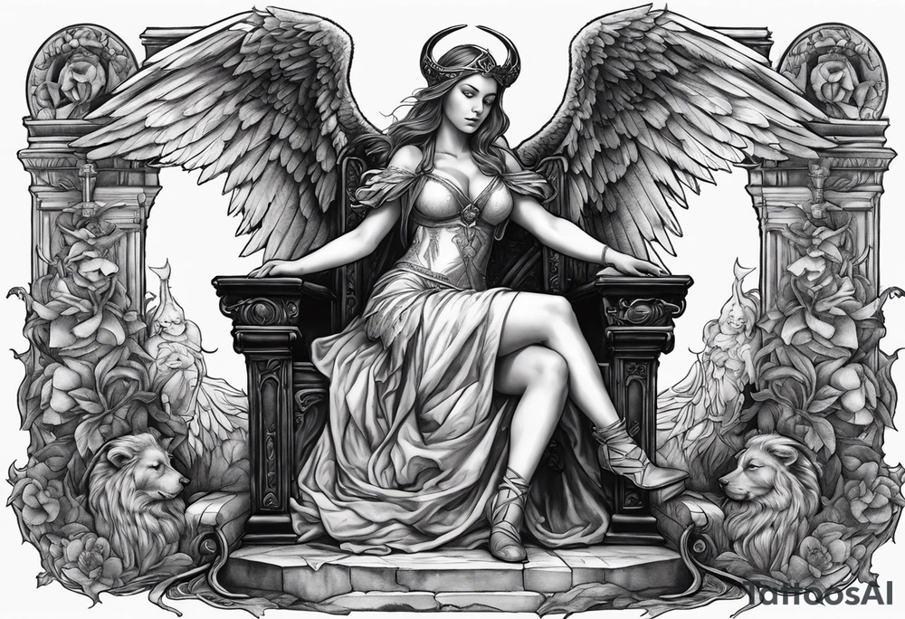 girl angel sitting in a throne with a staff with a cross at the top, a devil laying on the ground by the angels feet being stabbed in the chest by the staff tattoo idea