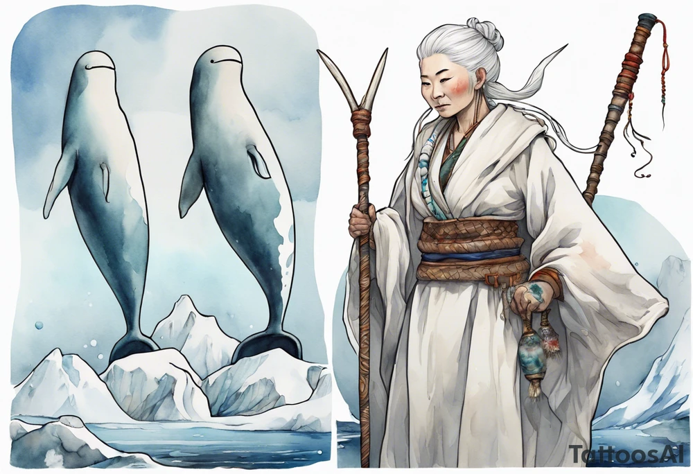 a 40 year old Sami woman with white hair and a white robe holding a long white narwhal horn, standing on an iceberg tattoo idea
