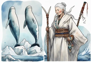 a 40 year old Sami woman with white hair and a white robe holding a long white narwhal horn, standing on an iceberg tattoo idea