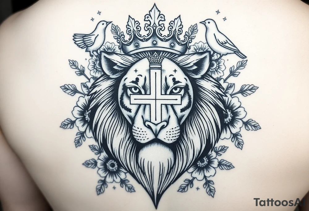 powerful majestic lion with a King crown, surrounded by floral oranaments and birds with a cross brought to backwards to seemingly fit and match. For the cross: the cross must be ion the middle of the crown lion through it's in the background (brounght backwards) but the horintal and vertical points can be seen outside thr crown lion tattoo idea