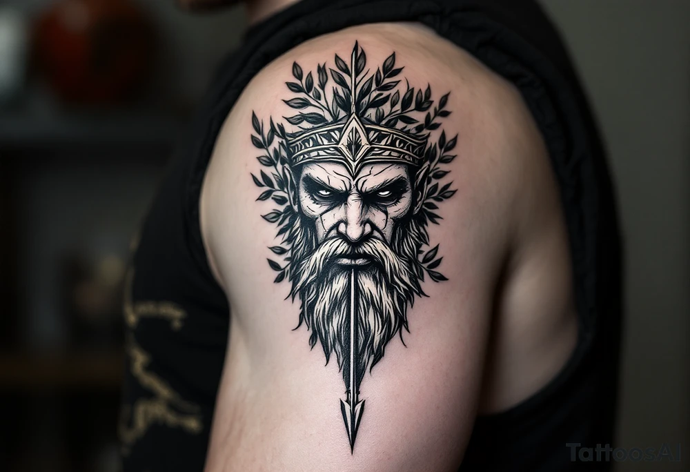 mythological warrior that under the face come down a long arrow and surrounded by a olive tree leaf around tattoo idea