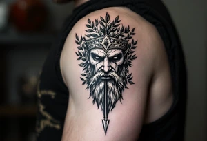 mythological warrior that under the face come down a long arrow and surrounded by a olive tree leaf around tattoo idea