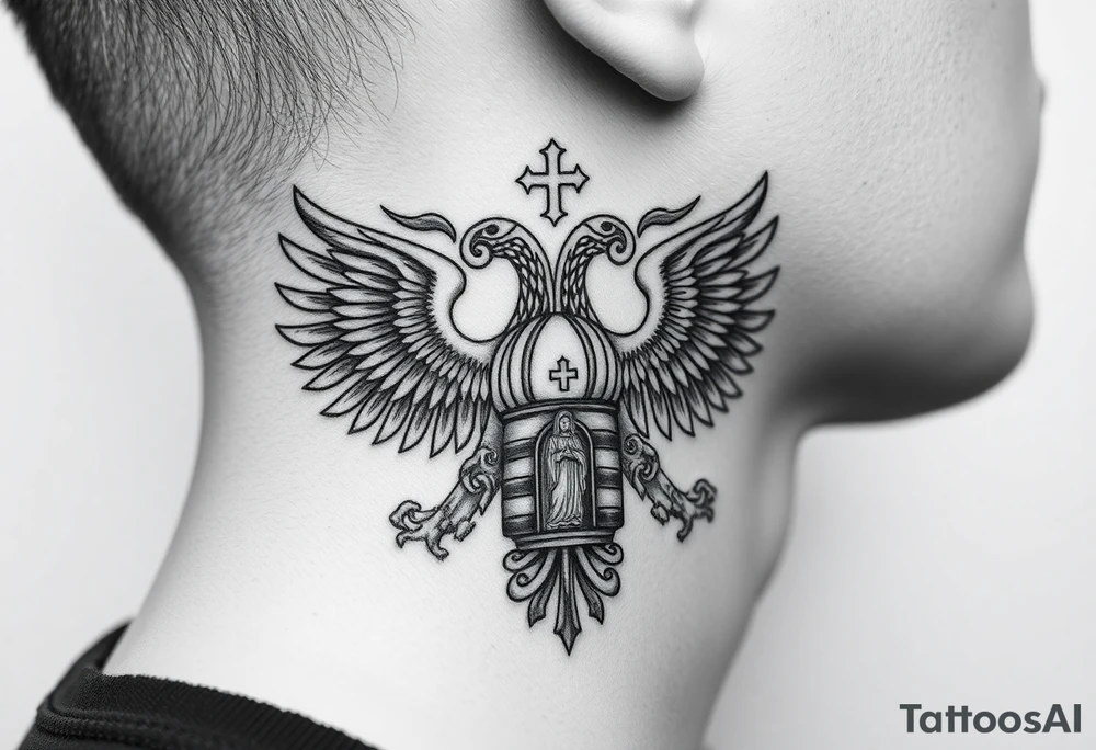 russian coat of arms double headed eagle traditional christian orthodox cross with a virgin mary stood in the entrance of a russian orthodox dome church on the side of the neck in a wilderness setting tattoo idea