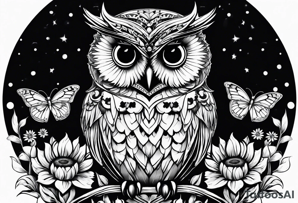 Small owl.with sunflowers and butterflies tattoo idea