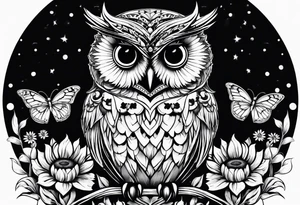 Small owl.with sunflowers and butterflies tattoo idea