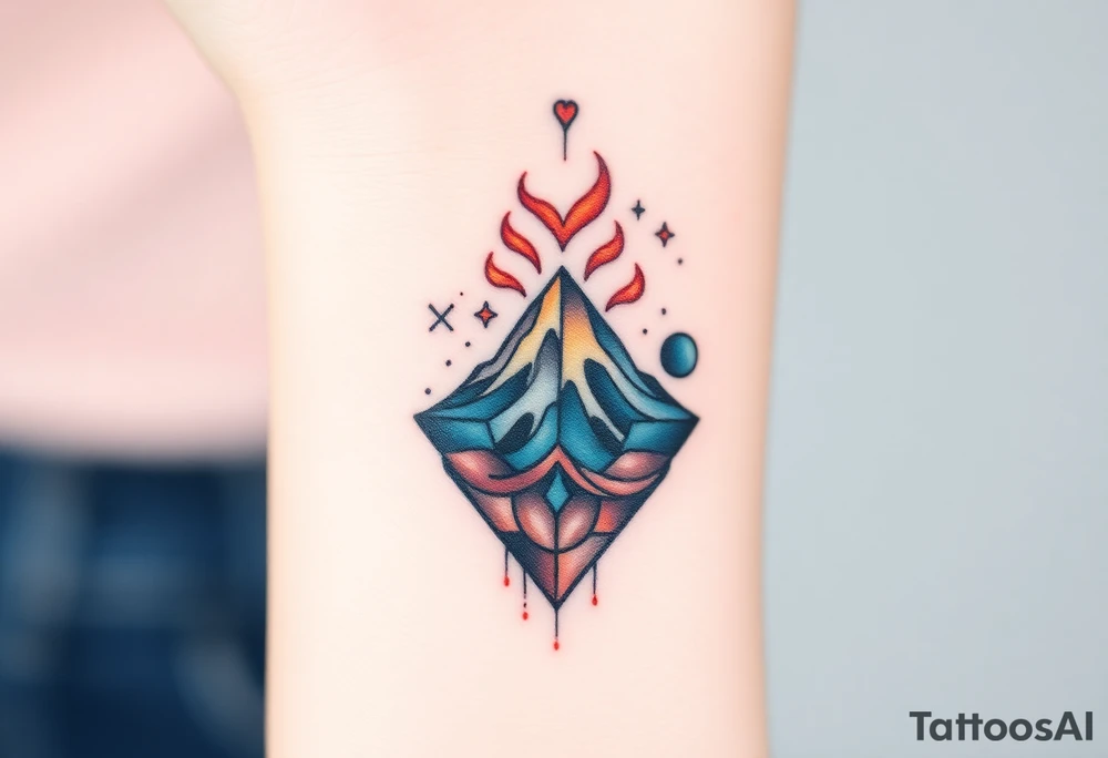 Geometric Volcano surrounded by a heart tattoo idea