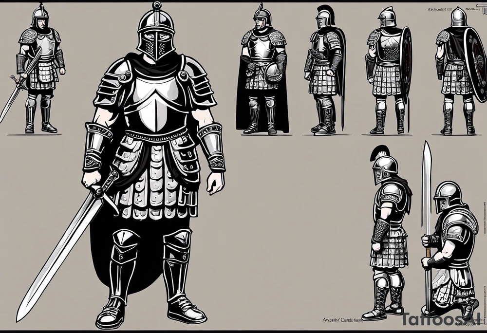 a high ranking roman centurion, soldier, AD 60, wearing armour which must include an armoured belt, breastplate, armoured shoes, shield, helmet and sword. the soldier is strong, tall, large, fit, muscular. the soldier is faceless. We can see the full body of the centurion, from his shoes to his helmet. The soldier is mid-battle, fending off flaming arrows with his shield, advancing towards the enemy, attacking the enemy. attacking pose. The image should be extremely detailed. Need to see the full soldier. tattoo idea