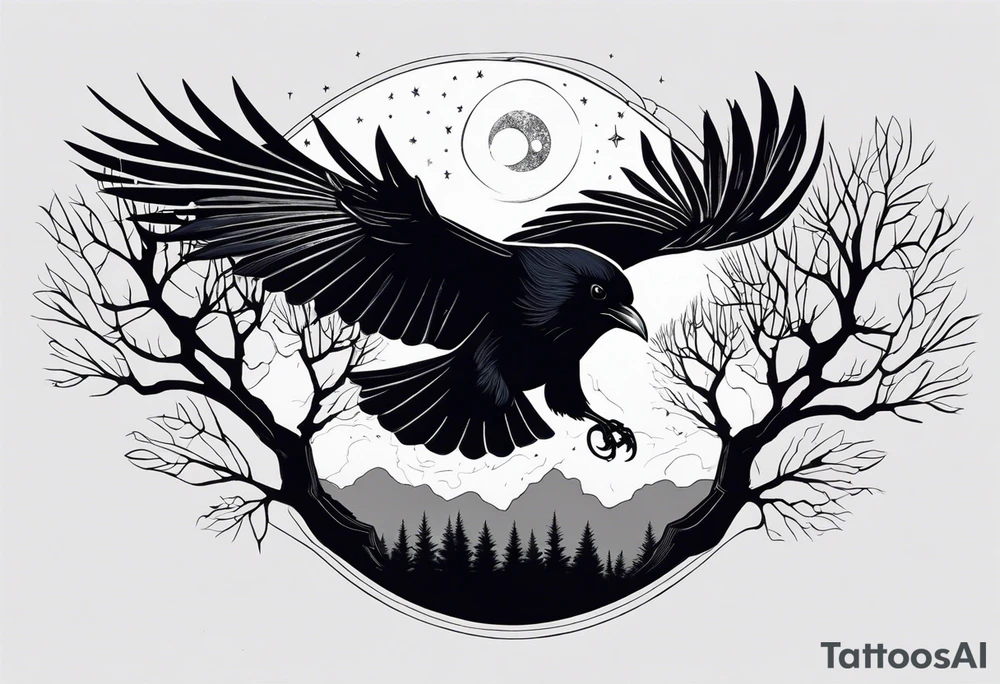 Raven flying, occult, mystical, knowing, light behind its eyes, ethereal, night sky and trees in the background tattoo idea