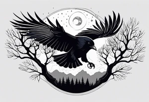 Raven flying, occult, mystical, knowing, light behind its eyes, ethereal, night sky and trees in the background tattoo idea