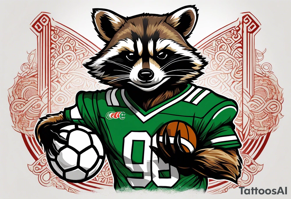 Rocket raccoon with a Glasgow Celtic football club jersey on tattoo idea